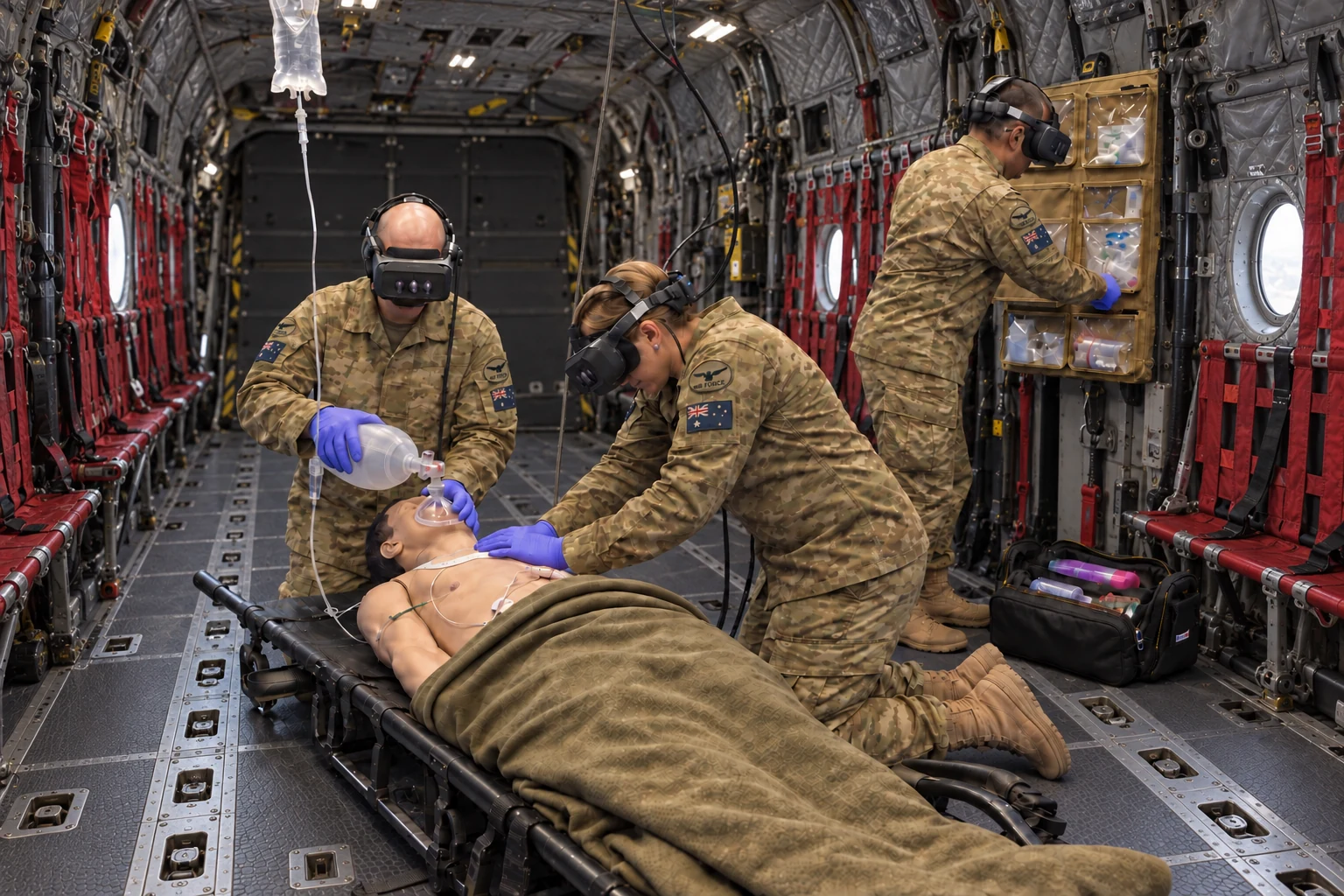 The same three clinicians, manikin, stretcher, and equipment in an illustrative Chinook helicopter environment