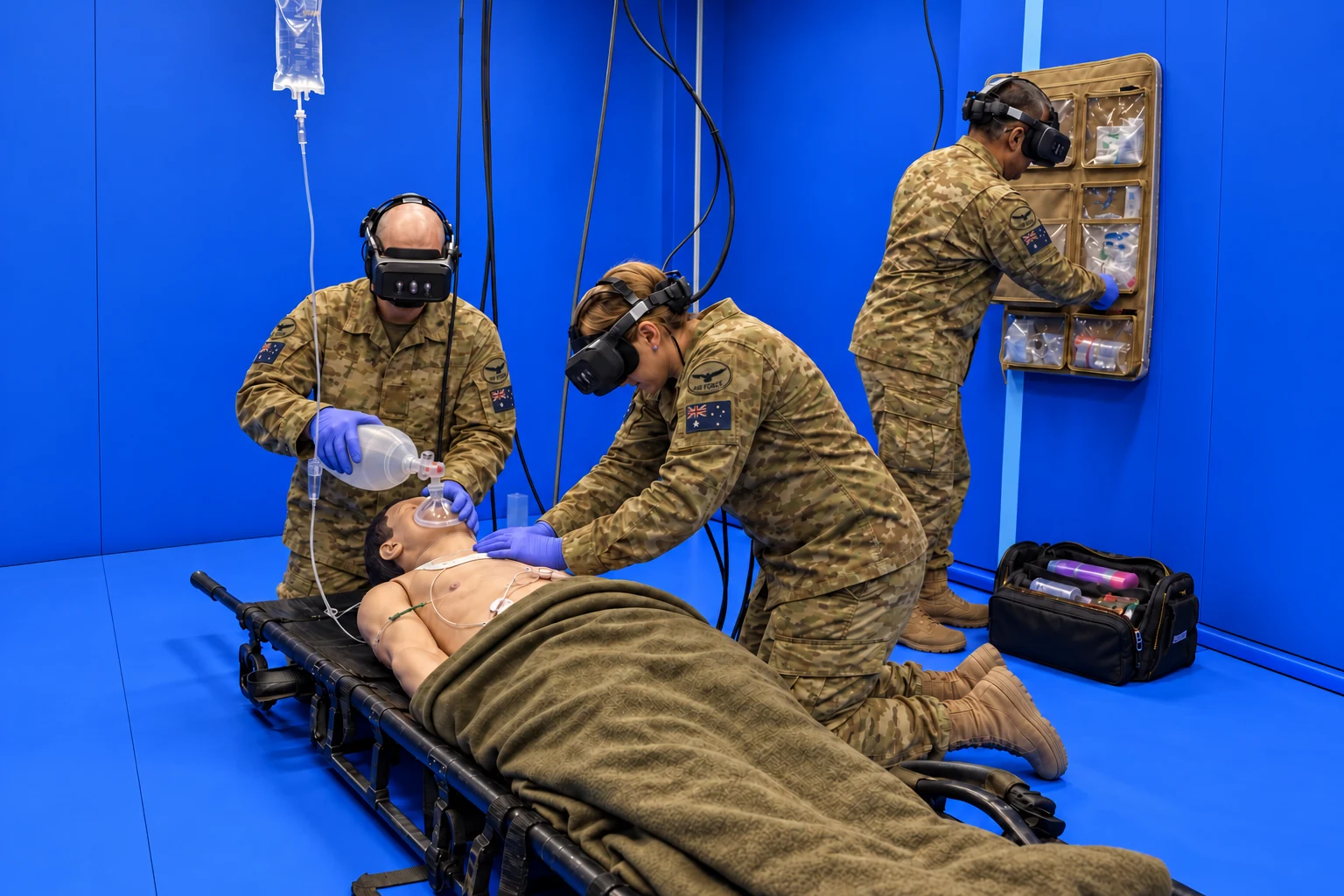 Illustrative physical training room with teammates, headsets, and a manikin